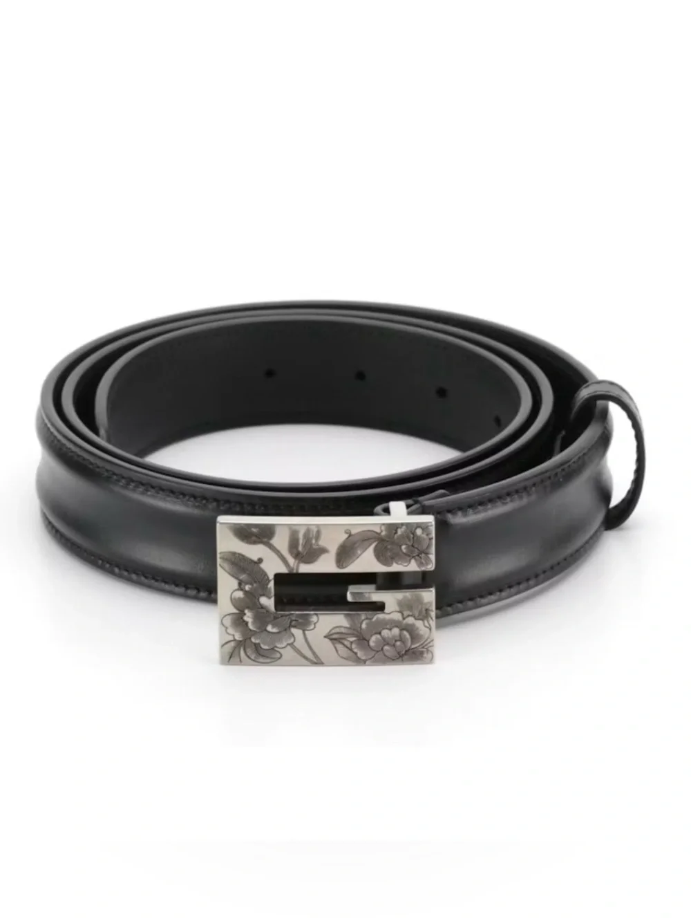 Gucci Black Leather Belt with Floral Silver Buckle